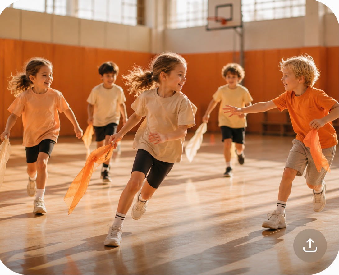 Kinder laufen mit orangen Tüchern durch eine Sporthalle